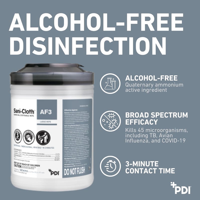 PDI Sani-Cloth AF3, Surface Disinfecting Wipes, Fragrance Free, Alcohol-Free, Large Canister, 160 Wipes - Image 2